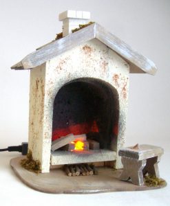 Krippenzubehör beleuchtetes Backhaus mit Bank, ca. 18 cm, Krippenelektrik, Mini-Garten, Krippendekoration