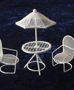 Wichtelzubehör, Minigarten Sitzgruppe 2 Stühle Tisch mit Sonnenschirm, 3-teilig, 15cm, Wichtel, Sonnenschutz, Stuhl, Mini-Garten, Deko, Gartenmöbel,