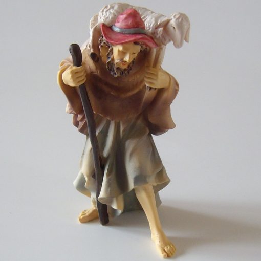 Krippenzubehör Krippenfigur Hirte Schäfer mit Schaf, Stab und rotem Hut 13 cm