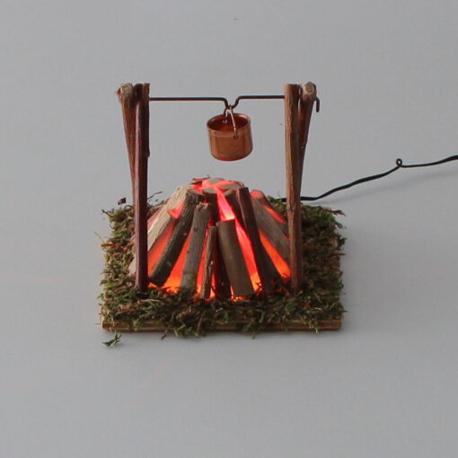 Krippenzubehör 4-beinige Feuerstelle mit Beleuchtung und Kupferkessel 8,5cm Hirtenfeuer Lagerfeuer