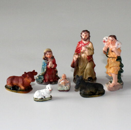 Krippenzubehör, Krippenfiguren, 7-teilig, heilige Familie, Hirte und Tiere, 2-7cm,