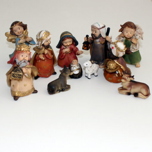 Krippenfiguren - Set, Kinderkrippe, 11 - tlg, 9 cm, kindlich, Polyresin, handbemalt, Krippenzubehör, Familie, Könige, Hirte, Tiere – Bild 3
