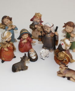 Krippenfiguren - Set, Kinderkrippe, 11 - tlg, 9 cm, kindlich, Polyresin, handbemalt, Krippenzubehör, Familie, Könige, Hirte, Tiere