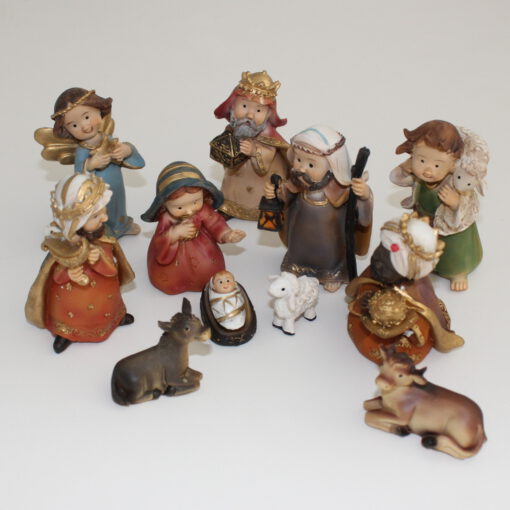 Krippenfiguren - Set, Kinderkrippe, 11 - tlg, 9 cm, kindlich, Polyresin, handbemalt, Krippenzubehör, Familie, Könige, Hirte, Tiere