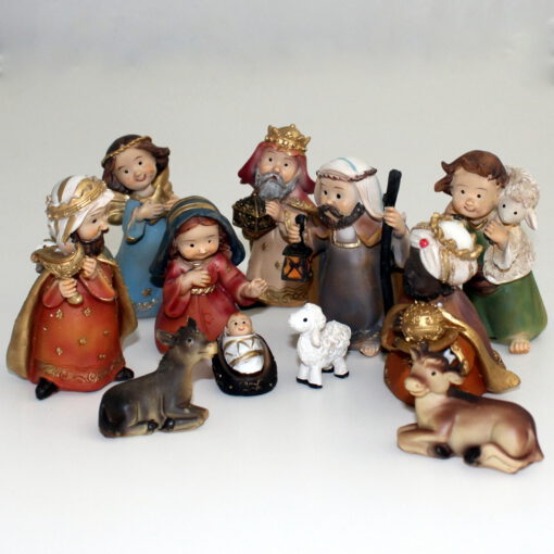 Krippenfiguren - Set, Kinderkrippe, 11 - tlg, 9 cm, kindlich, Polyresin, handbemalt, Krippenzubehör, Familie, Könige, Hirte, Tiere – Bild 2