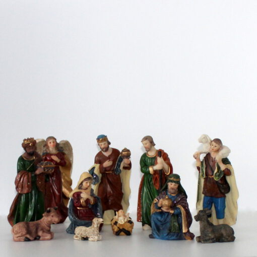 Krippenfiguren -Set 17 cm, 11-teilig, bunt mit goldenen Glitter, Krippenzubehör, Krippendekoration, Ausstellungsware,