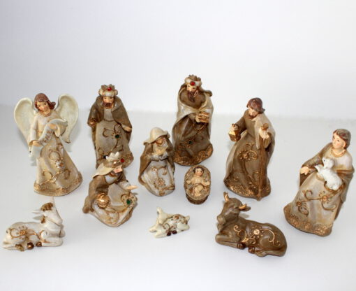Krippenfiguren - Set 17 cm 11-teilig,  Ornamente und Farbsteinen auf Kleidung, creme, gold, beige, Ausstellungsware, Krippenzubehör, Krippendekoration, – Bild 3