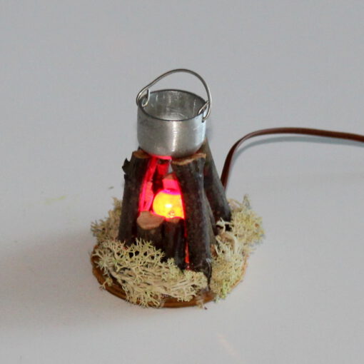 Krippenzubehör rundes Lagerfeuer 6 cm Feuerstelle mit Kessel und Beleuchtung Hirtenfeuer Krippendekoration – Bild 2