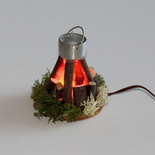 Krippenzubehör rundes Lagerfeuer 6 cm Feuerstelle mit Kessel und Beleuchtung Hirtenfeuer Krippendekoration