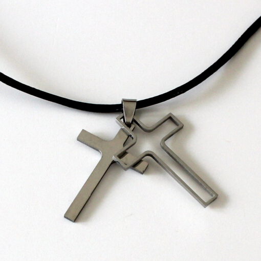 Kette mit Kreuz am Band Doppelkreuz glatt Schmuck Geschenk Kommunion Konfirmation Geburtstag – Bild 3