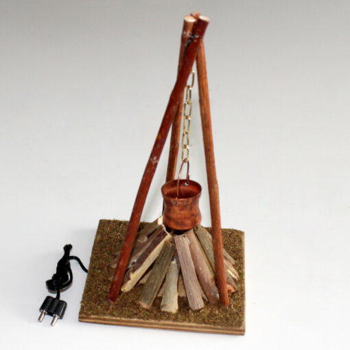 Krippenzubehör 3-beinige Feuerstelle mit Beleuchtung und Kupferkessel16cm Hirtenfeuer Lagerfeuer – Bild 4