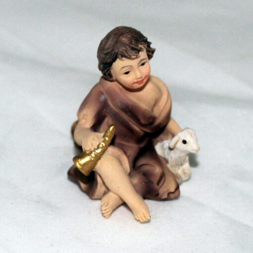 Krippenzubehör Krippenfigur Hirte Kind mit Schaf und Horn Schäfer sitzend Zusatzfigur Ersatzfigur